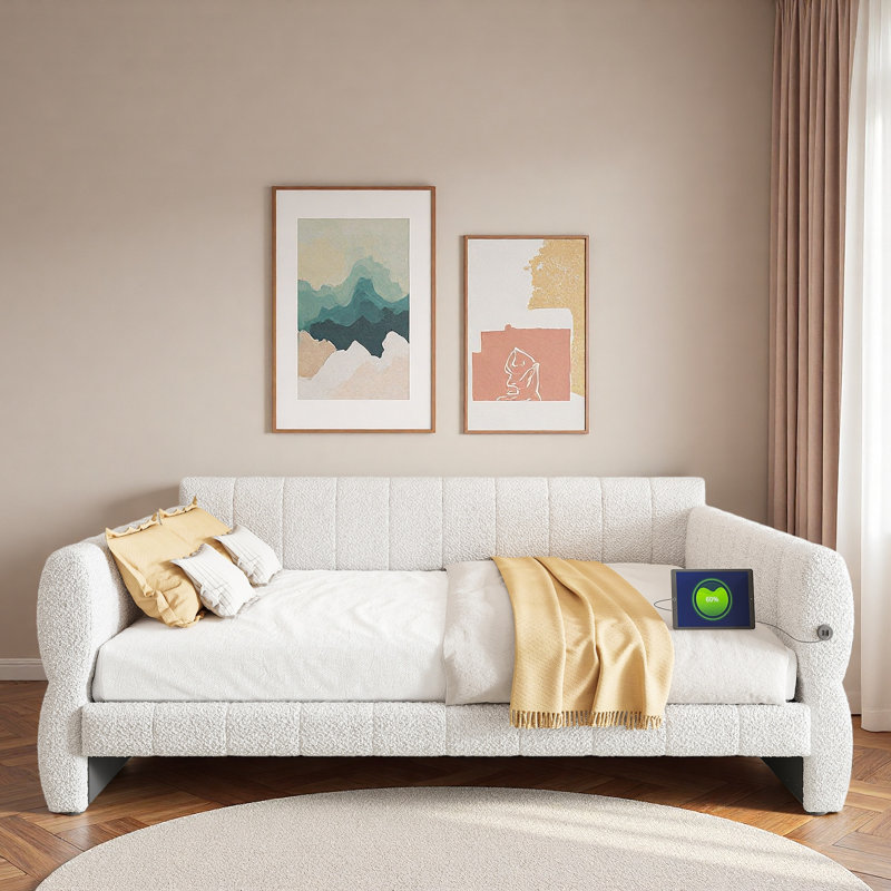 Upholstered Daybed With Usb And Slats Support, White
