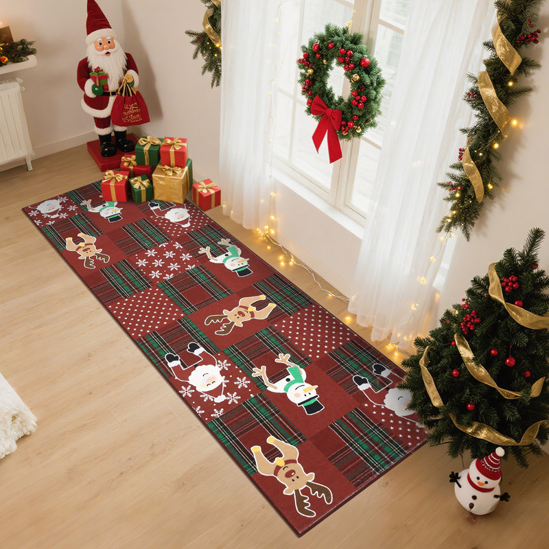 Christmas Living Room Area Rug, Cute Soft Santa Deer Snow Rugs for Nursery Bedroom Large Non Slip Foldable Lightweight Winter Holiday Carpet for Dining Room Playroom