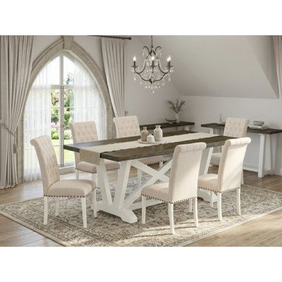 Ensemble de 6 pièces comprenant une table de salle à manger Jacobean patinée, un banc en bois et 4 chaises Parson en tissu de lin beige clair avec dossier capitonné - Lin brossé blanc