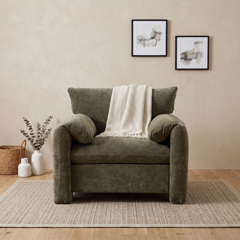 Fauteuil en chenille moderne avec dossier, larges accoudoirs moelleux et rembourrage en mousse haute densité, Green