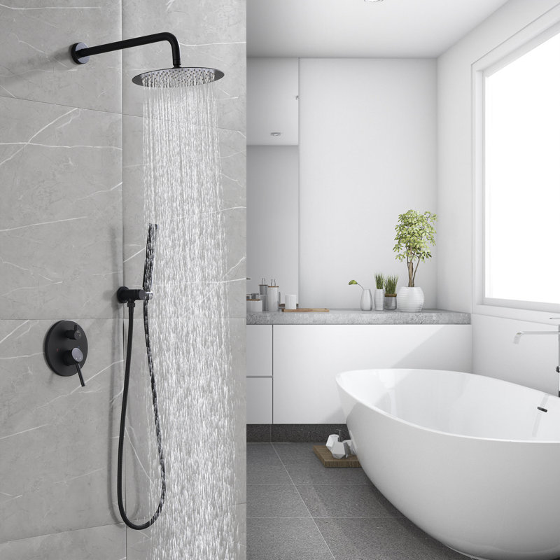 Complete Shower System with Rough-in Valve with 12 Inches Round Rain Shower Head, Matte Black