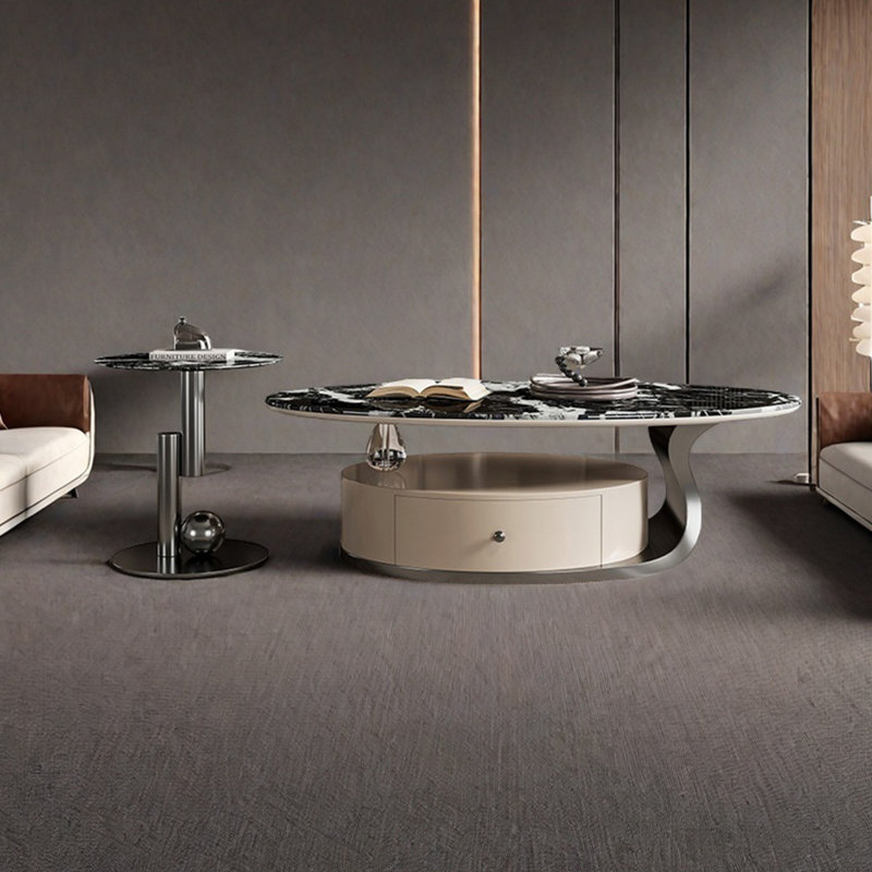 Table basse ovale en marbre clair de luxe, Noir, noir, noir, noir, H 16,5 po x L 47,2 po x l 27,6 po