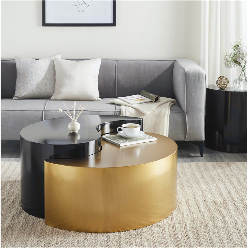 YING YANG Table basse de style moderne et contemporain avec structure en tôle de fer, Noir et or