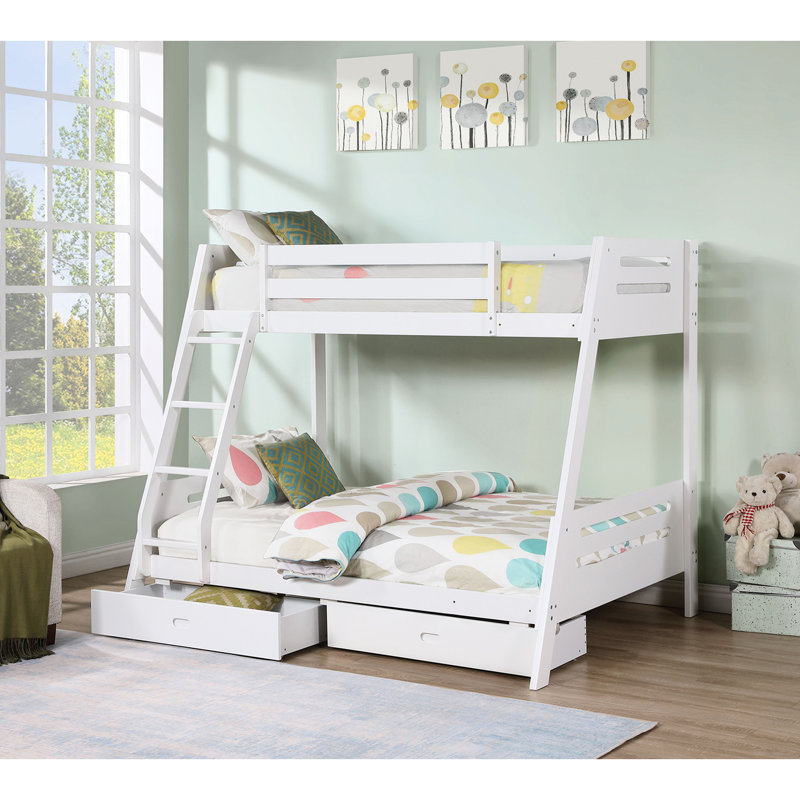 Lit superposé blanc de style transitionnel en bois massif, angle réversible, tiroirs sous le lit avec poignées, conception à lattes, l 79 po de largeur, 61 po de profondeur, 65 po de hauteur sur 2 tiroirs, lattes pour matelas confortable, l 79 po x