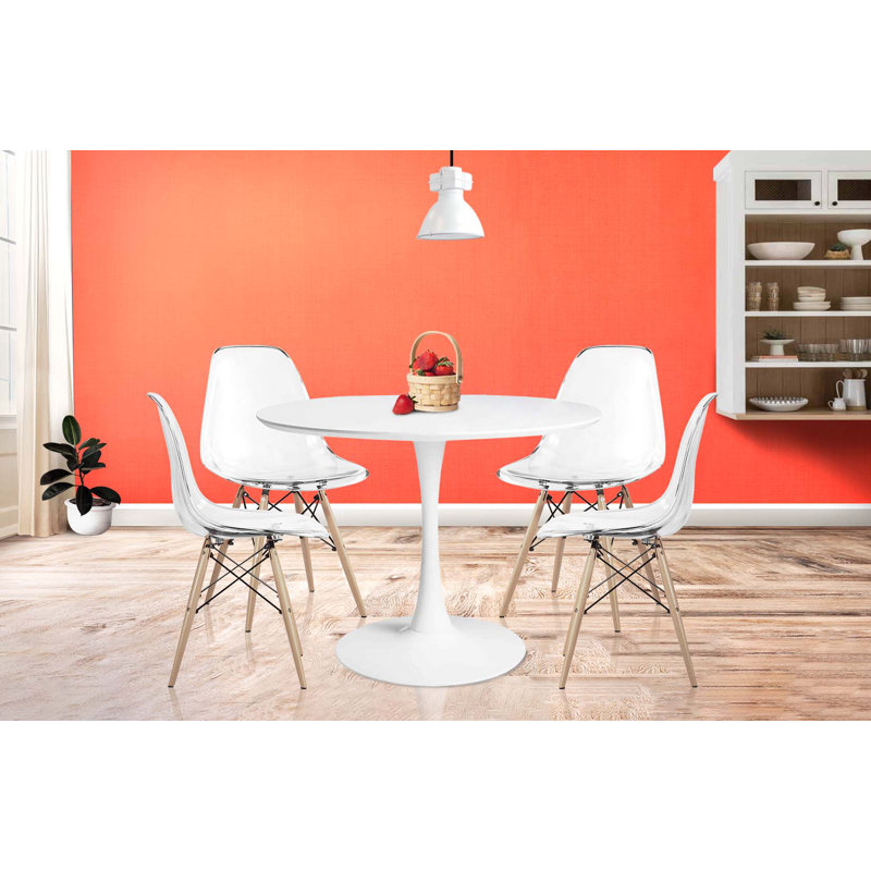 Modholic Tulip 36" Round Wood Dining Table & Set Of 4 Wood Leg Chairs, Clear, Clear, 29.75"H x 35.5"L x 35.5"W