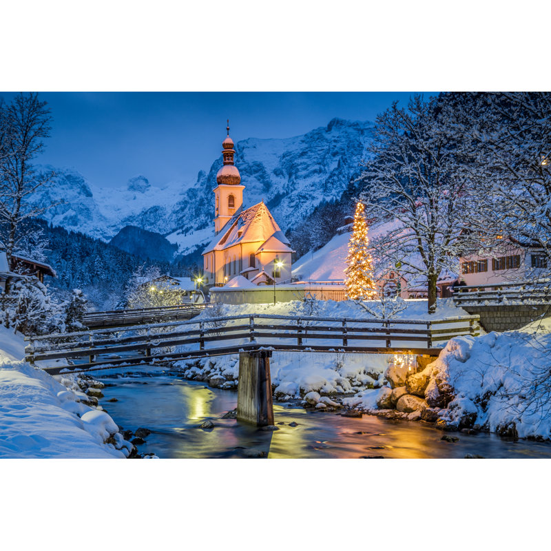 Church Of Ramsau In Winter Twilight, Bavaria, Germany - Wrapped Canvas Print, 30cm H x 46cm W, Light Blue/Gold