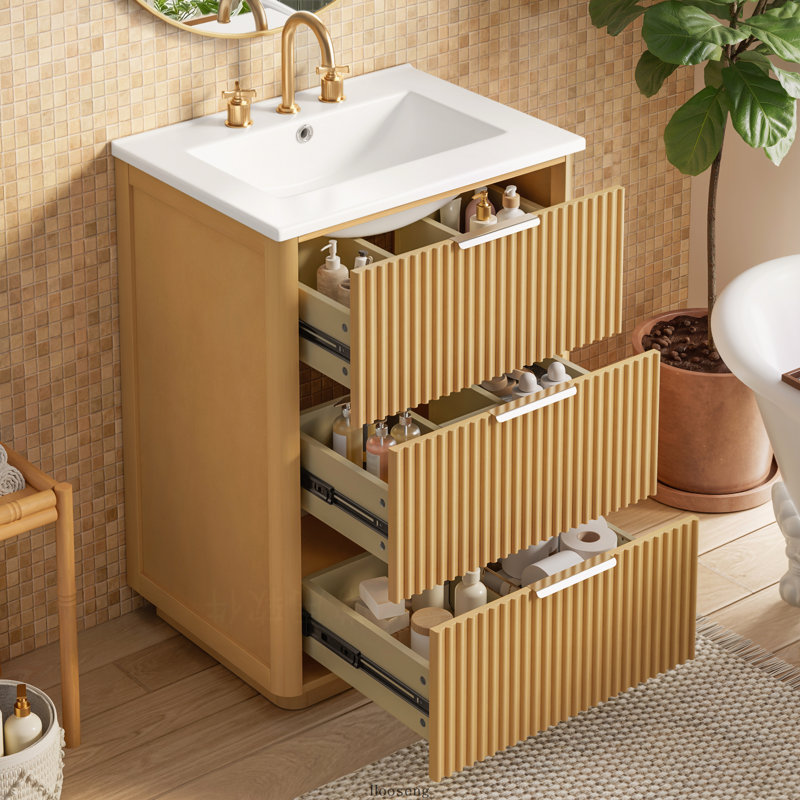 Meuble-lavabo moderne de luxe 24 po avec lavabo en céramique, tablette ouverte et rangement fermé