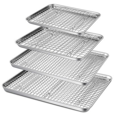 Baking Sheet And Rack Set, Stainless Steel Cookie Sheets Oven Baking Pans Trays With Cooling Racks For Cooking & Roasting, Dishwasher Safe, Various Size, (16"+12.5"+10.4"+9", 8Pcs)