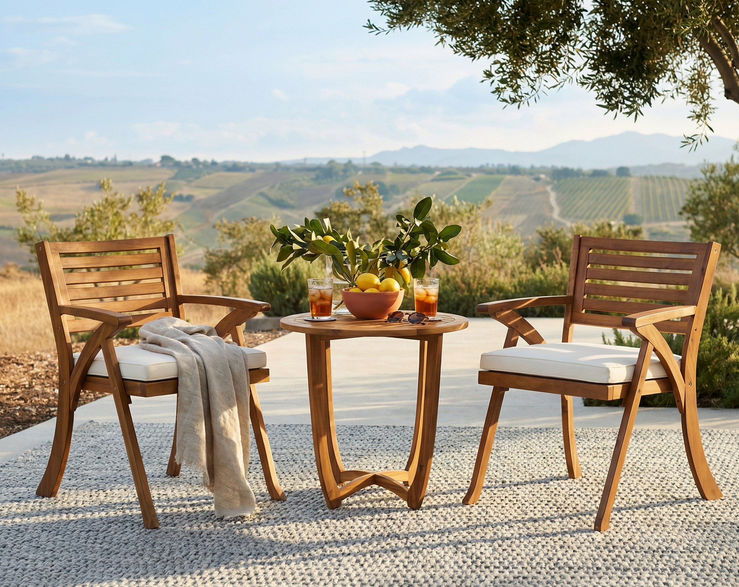 2 - Person Acacia Wood Patio Dining Set with Round Table , Cushions Included - Teak Frame/Cream Cushion