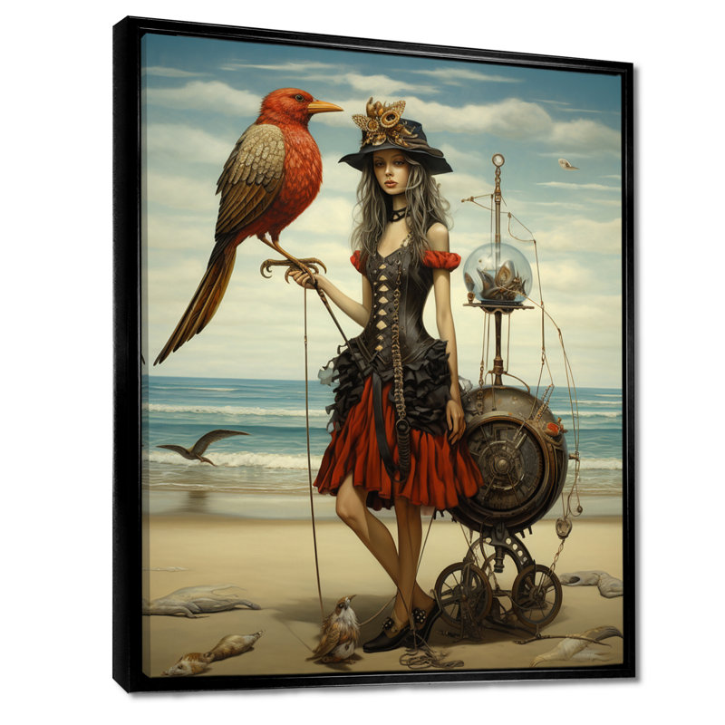 «Steampunk Lady with Bird At The Beach», art mural mode femme, Cadre flottant noir, H 20 po x l 12 po