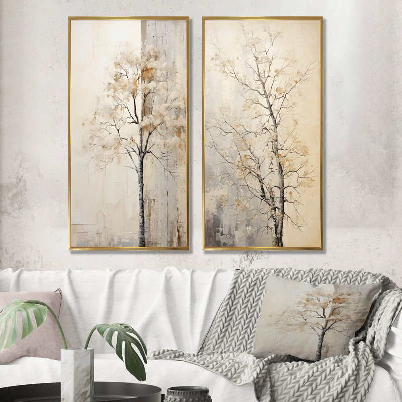 «Beige Trees Oak Solitude», ensemble de 2 impressions sur toile de chêne, Cadre flottant doré, H 40 po x l 41 po