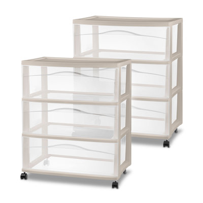 Sterilite Wide 3 Drawer Storage Cart, Plastic Rolling Organization, Grey, 2 Pack