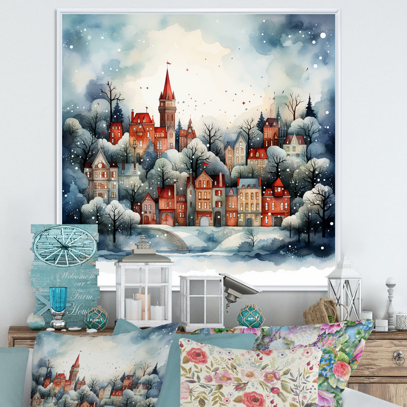 Winter Village pendant Noël I - fruits, art mural, Cadre flottant blanc, H 30 po x l 30 po x P 1,5 po