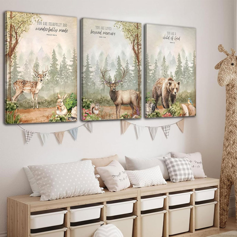 3Pcs Woodland Animal Nursery Wall Art Wild Animals Forest Posters Prints Deer Bear rabbit Christian Canvas Wall Decor for Boys Room Girls Room painting pictures Framed