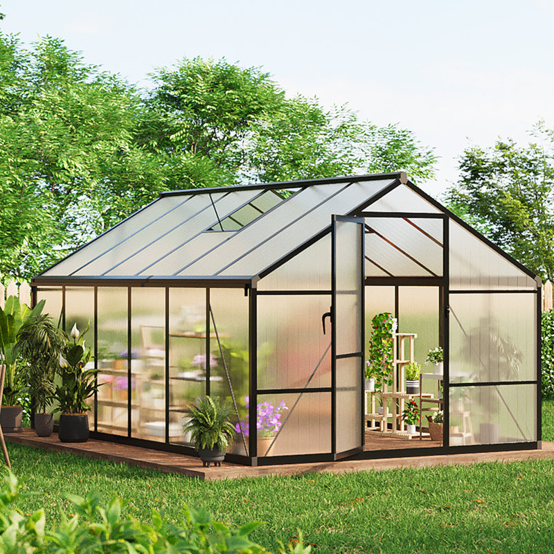 Polycarbonate Walk-In Sunroom Greenhouse for Outdoors with Heavy Duty Aluminum Frame, Sliding Door, Adjustable Roof Vent & Weather Resistant Design for Garden or Patio, 8x12 FT (Black Sliding Door Upgraded Handle)