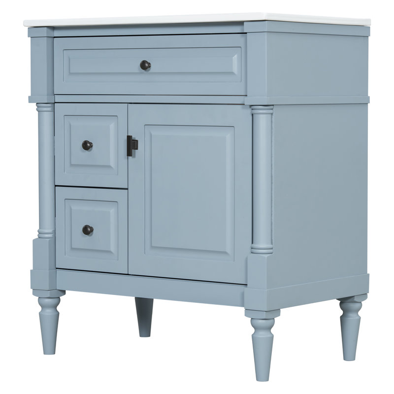 Meuble-lavabo autoportant de 30 po avec lavabo en céramique, structure en bois d'hévéa massif, armoire de rangement avec tiroir rabattable et support de rangement