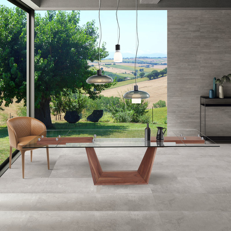 Extendable Glass Top Walnut Veneer Dining Table for Ten