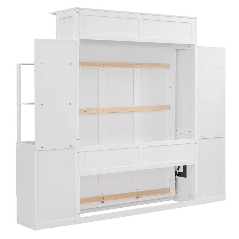 Lit escamotable double avec tablettes de rangement, tiroirs et lumières DEL - Lit escamotable pliant peu encombrant, gris