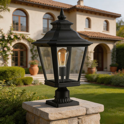 21" Outdoor Post Lantern, Black Aluminum Hardwired Pier Mount Light with Tempered Glass for Patio Garden Driveway
