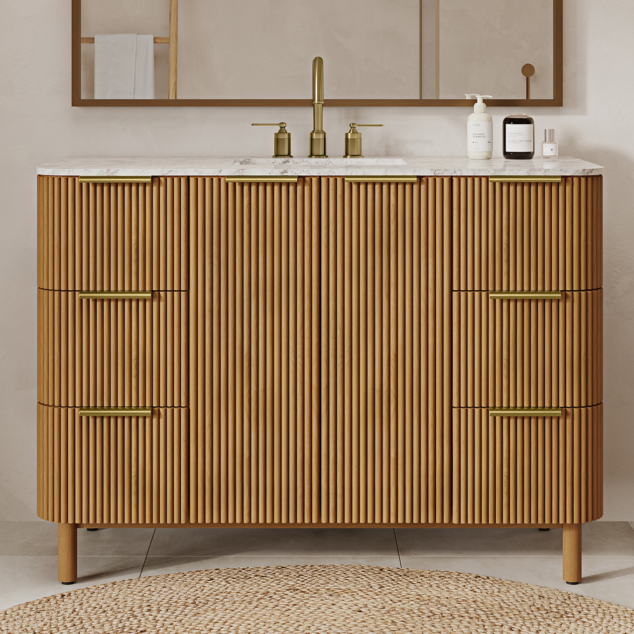 Nova 48" Carrara Marble Single Bathroom Vanity, Reeded Birch