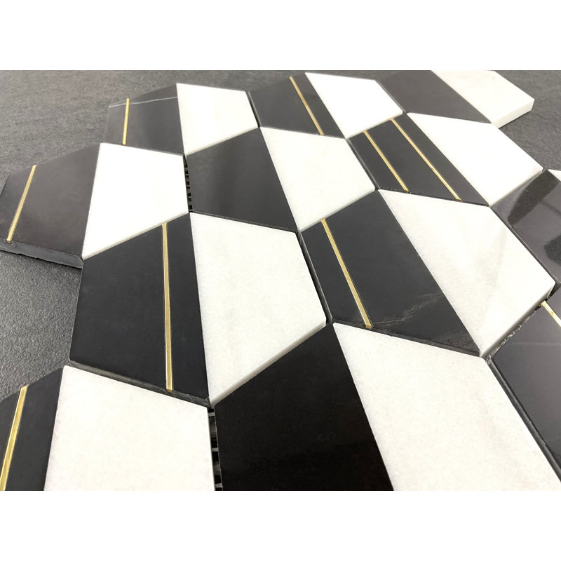 4" x 4" Thassos White, Absolute Black and Gold mini strip Honeycomb Mosaic Wall & Floor Tile