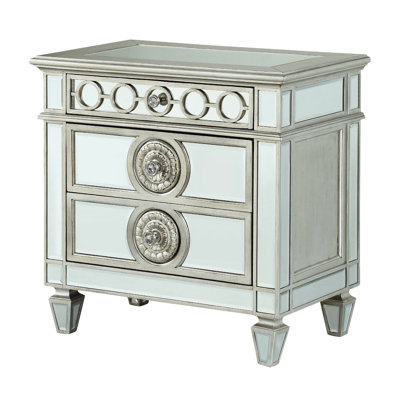Stunning Mirrored Nightstand In Silver - Geometric Trim, Ample Space With Detail Wooden Construction
