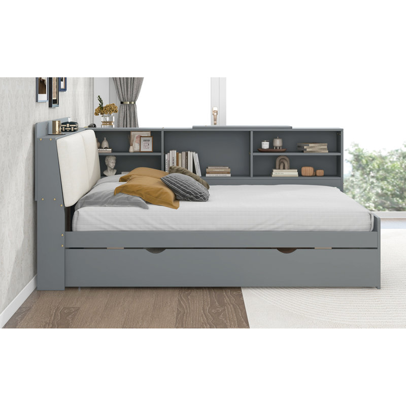 Gris, lit double, lit en bois, lit gigogne, tête de lit avec rangement, compartiment rembourré rotatif, chambres confortables