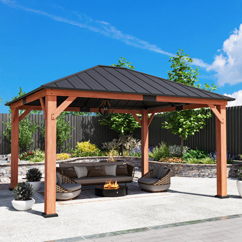 Sequoia Premium Cedar Wood Hard Top Gazebo With Galvanized Steel Slope Metal Roof, 12 ft x 14 ft
