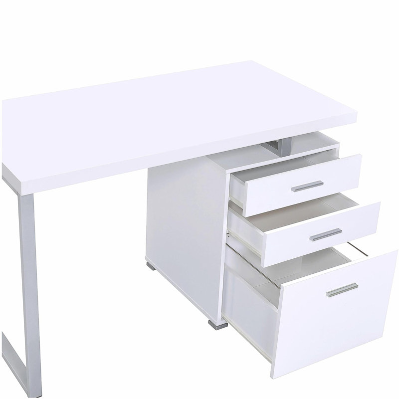 Bureau blanc réversible à 3 tiroirs, Blanc / argenté