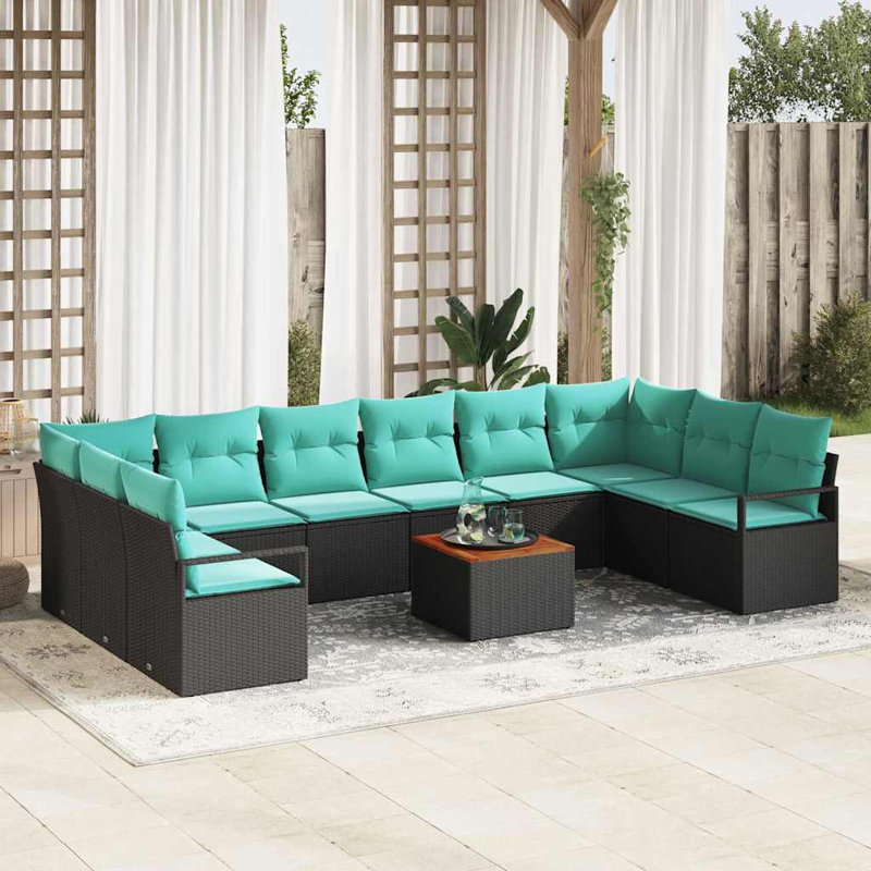 Ensemble de canapé de jardin vidaXL 11 pièces en rotin de polyester noir et turquoise