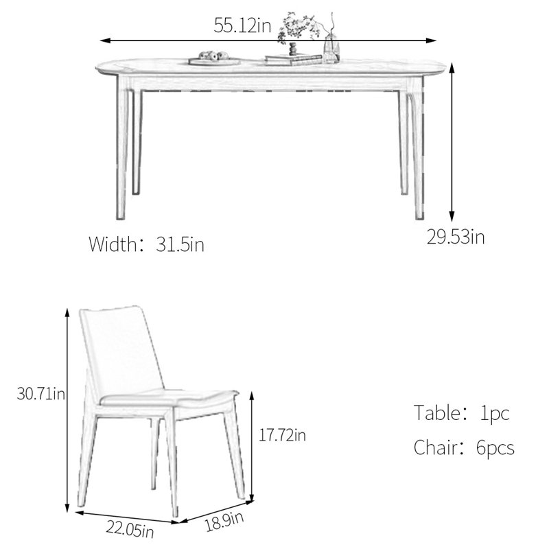 Simple sintered stone dining table set, 29.53"H x 55.12"L x 31.5"W