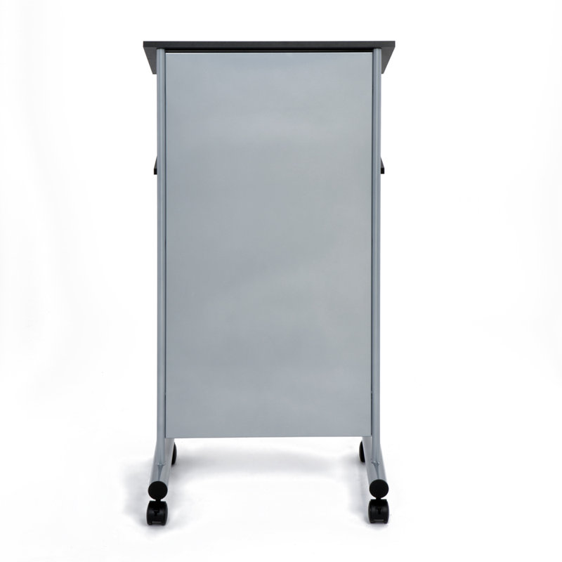 Black and Silver Metal Wheeled Lectern with Storage Shelves