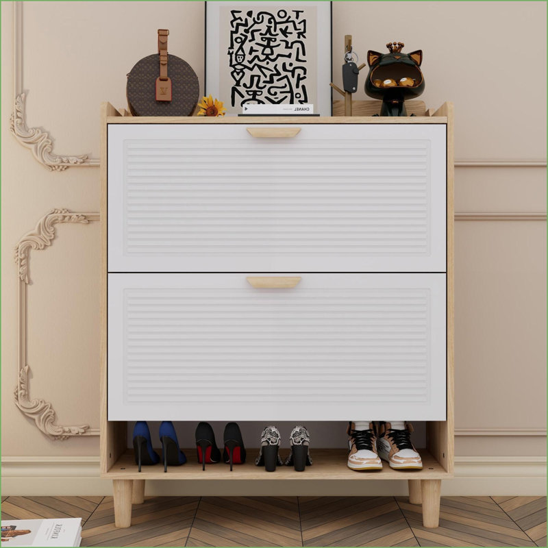 Shoe Cabinets Narrow with 2 Flip Drawers Solid Wood Legs 31.5”x9.5”x41.3” Inches Entryway Organizer | White | Scandinavian Style