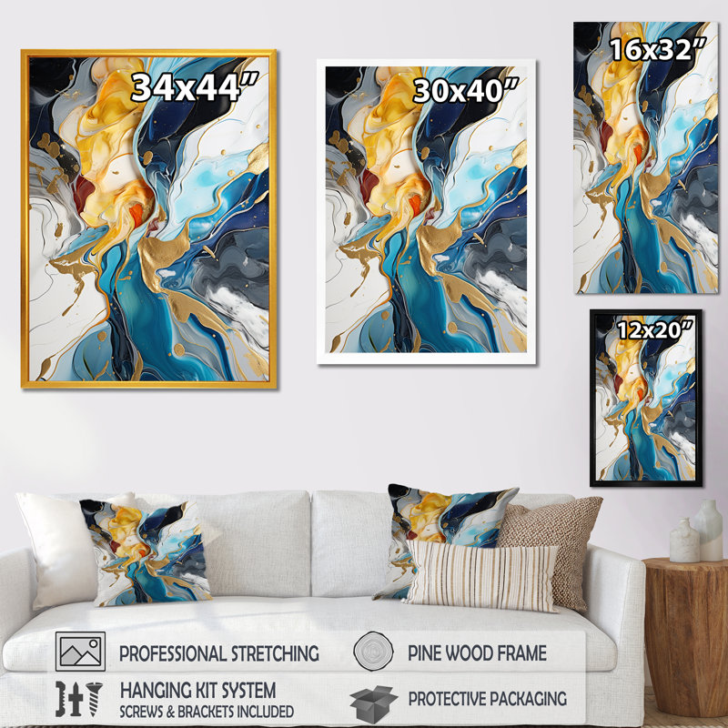 Bleu et jaune, encre liquide, abstraction, harmonie II - encre liquide, art mural abstrait, Toile tendue