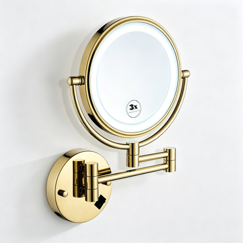 8" Dual-sided Wall Mounted Lighted Makeup Mirror, 1x/3x Magnification, Hardwired Connection, Brushed Gold