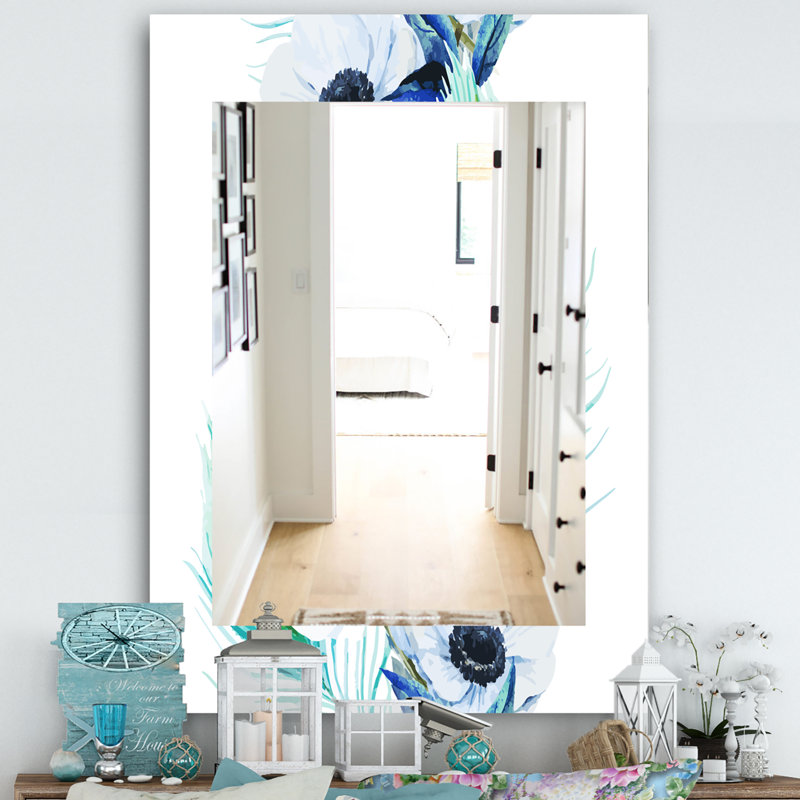 Miroir mural traditionnel anemones et peacock handpainted, H 39,4 po x l 29,5 po