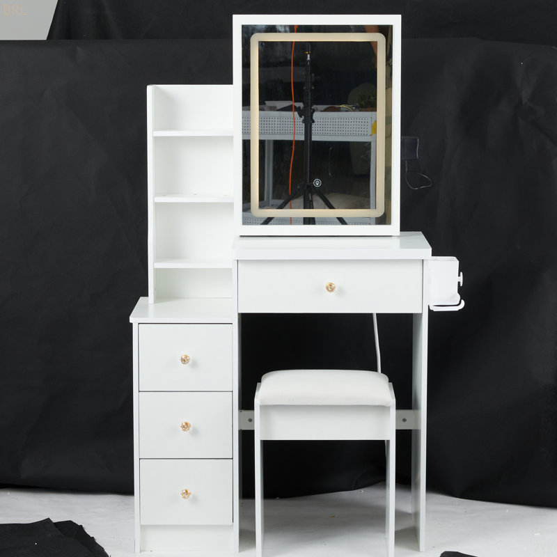 Petite coiffeuse 29,2 po avec tabouret de chevet gauche + tabouret rembourré, 2 blocs d'alimentation CA + 2 ports USB, support pour sèche-cheveux, très grand miroir à DEL coulissant à contrôle tactile, changement de couleur tricolore, réglage de la luminosité