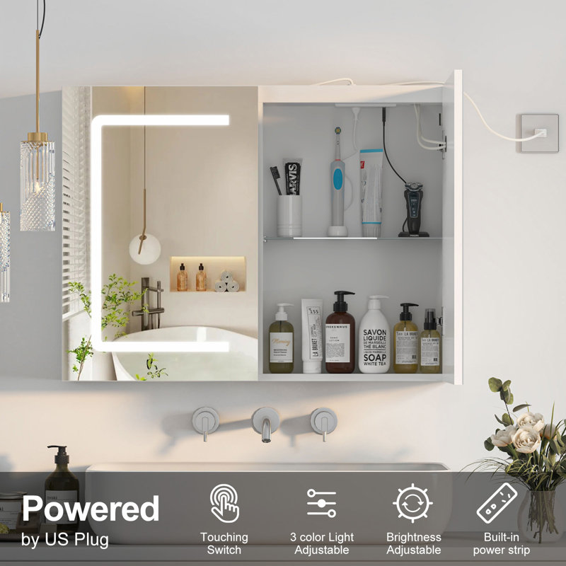 31*24in LED Medicine Cabinet with Mirror ,3 Colors Dimmable Light, Touch Sensor, Outlets and USBs