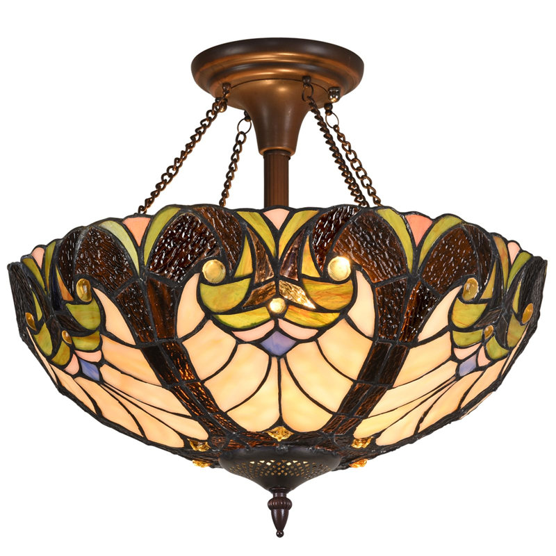 Tiffany Style Ceiling Light Fixtures 16” Wide Stained Glass Ceiling Lamp 2-Light Antique Victorian Style, Cream