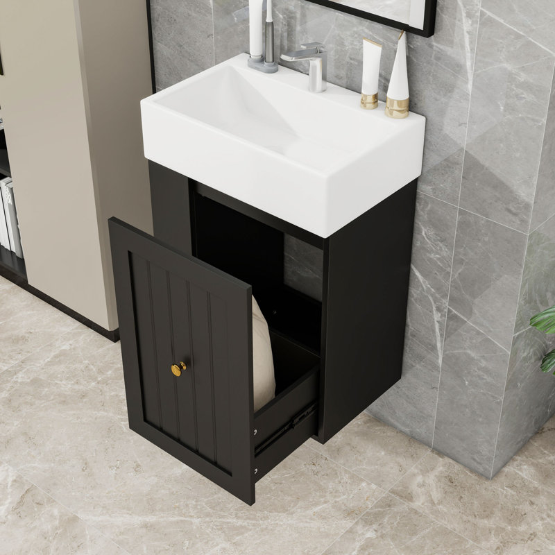 Bathroom Vanity with Ceramic Sink, Side Shelf and Storage Drawer, Black