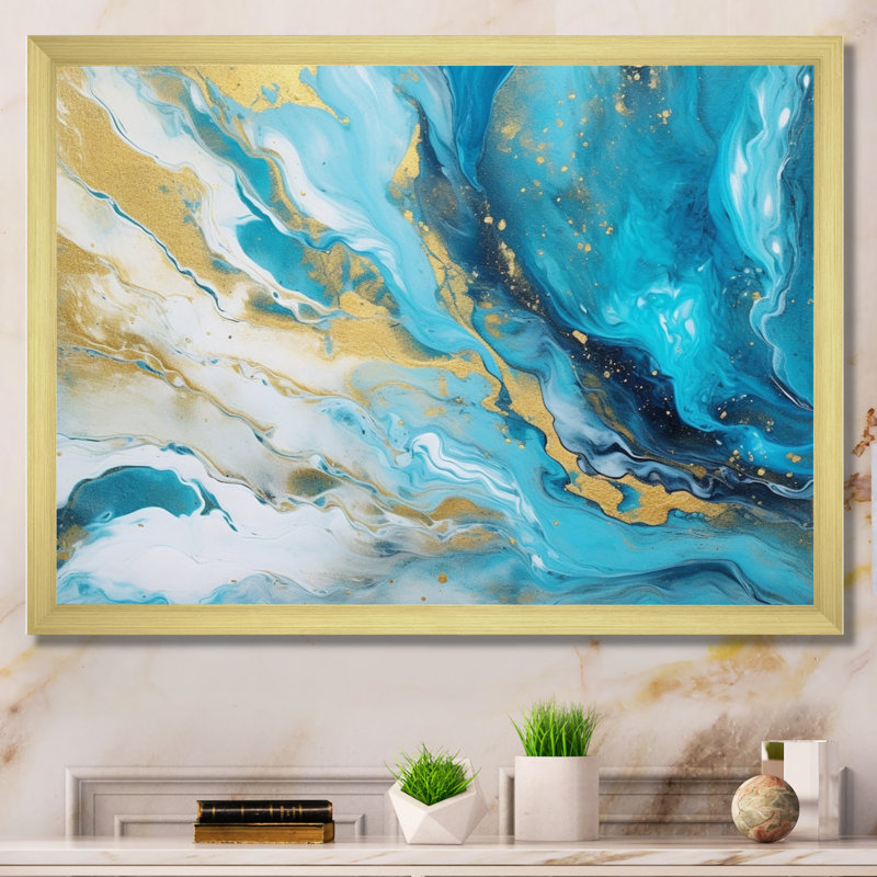 Impression sur toile turquoise et or infusé III, H 16 po x l 32 po x P 1 po, Cadre doré simple