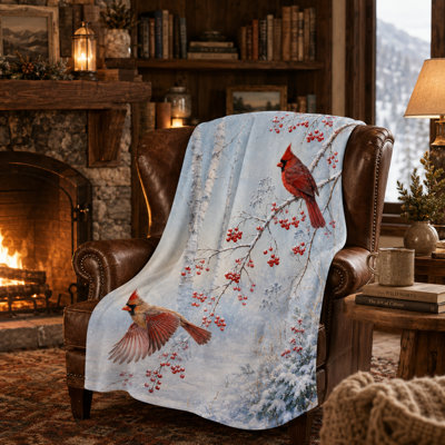 Birch Forest Cardinal Throw Blanket, Red Birds with Snowy Berry Branches on Pale Blue, Flannel Layer for Sofa, Bedroom and Cozy Winter Retreats, 30 x 40 in