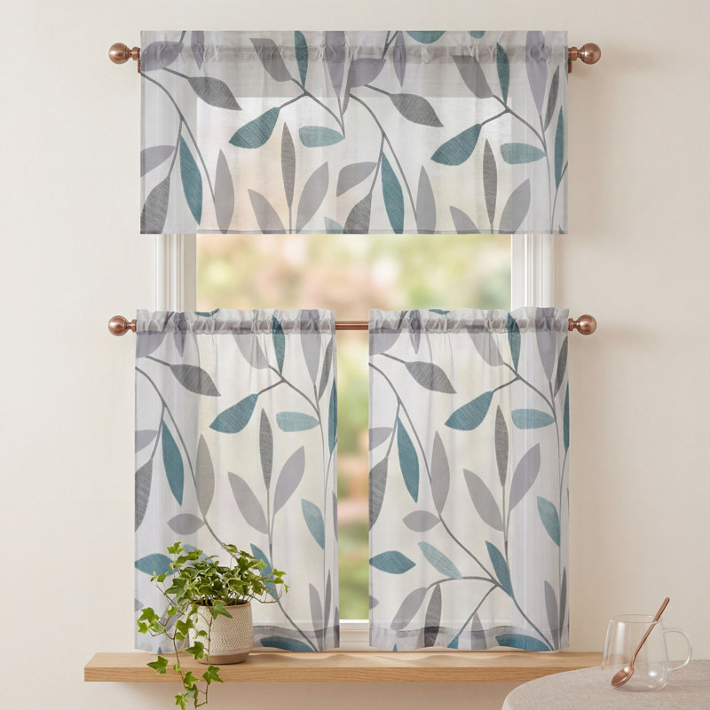 Ensemble de rideaux de cuisine de style ferme 3 pièces avec cantonnière - Imprimé botanique de feuilles grises et turquoise, rideaux à œillets filtrant la lumière