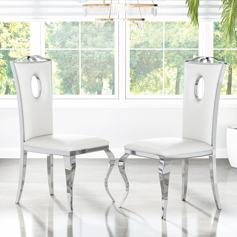 Dilmurod 18.9'' H Faux Leather Upholstered Side Chair, White, Silver