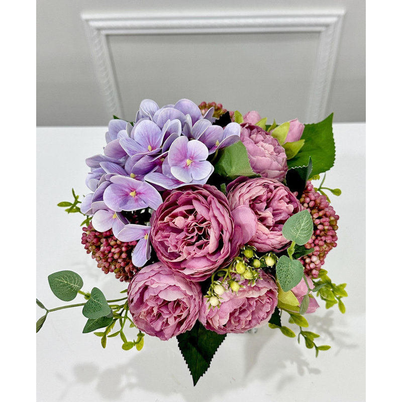 Faux Purple Peony Rose Hydrangea Centerpiece in Glass Vase