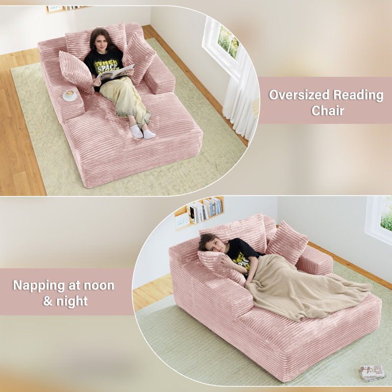 50'' Faux Fur Compression Bean Bag Chair Oversized Chaise Lounge Chair with Pillows, Pink Faux Fur
