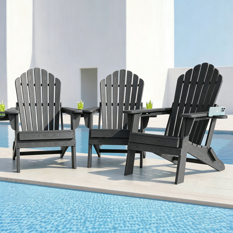 3-Piece Folding Adirondack Chair Set in HDPE with Built-In Cup Holders for Outdoor Use, Gray
