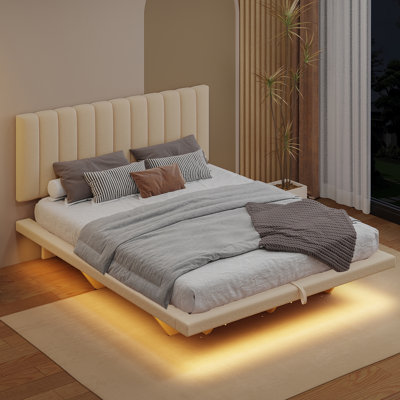 Queen Size Hydraulic lift Up Storage Upholstered Bed With LED Lights And USB Charge,  Beige -  Ivy Bronx, 501E0C926BA0488BA0B517F4CD0E4D80