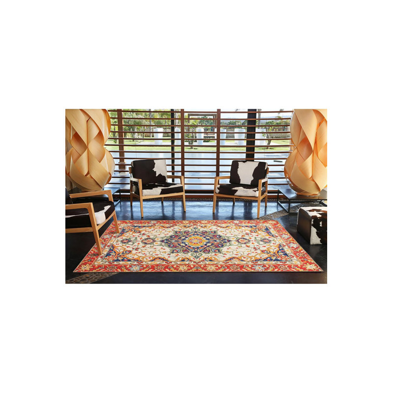 Tapis tissé rouge traditionnel avec base tissée lavable à la machine, Sous-tapis carré 3 pi 3 po inclus