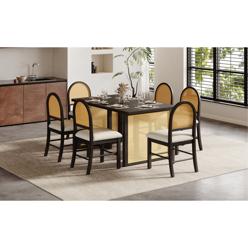 Ensemble de table de salle à manger 7 pièces pour table de salle à manger rectangulaire de 6 à 59,8 po avec placage de chêne vieilli et 6 chaises en rotin, mobilier de cuisine rustique pour la salle à manger
